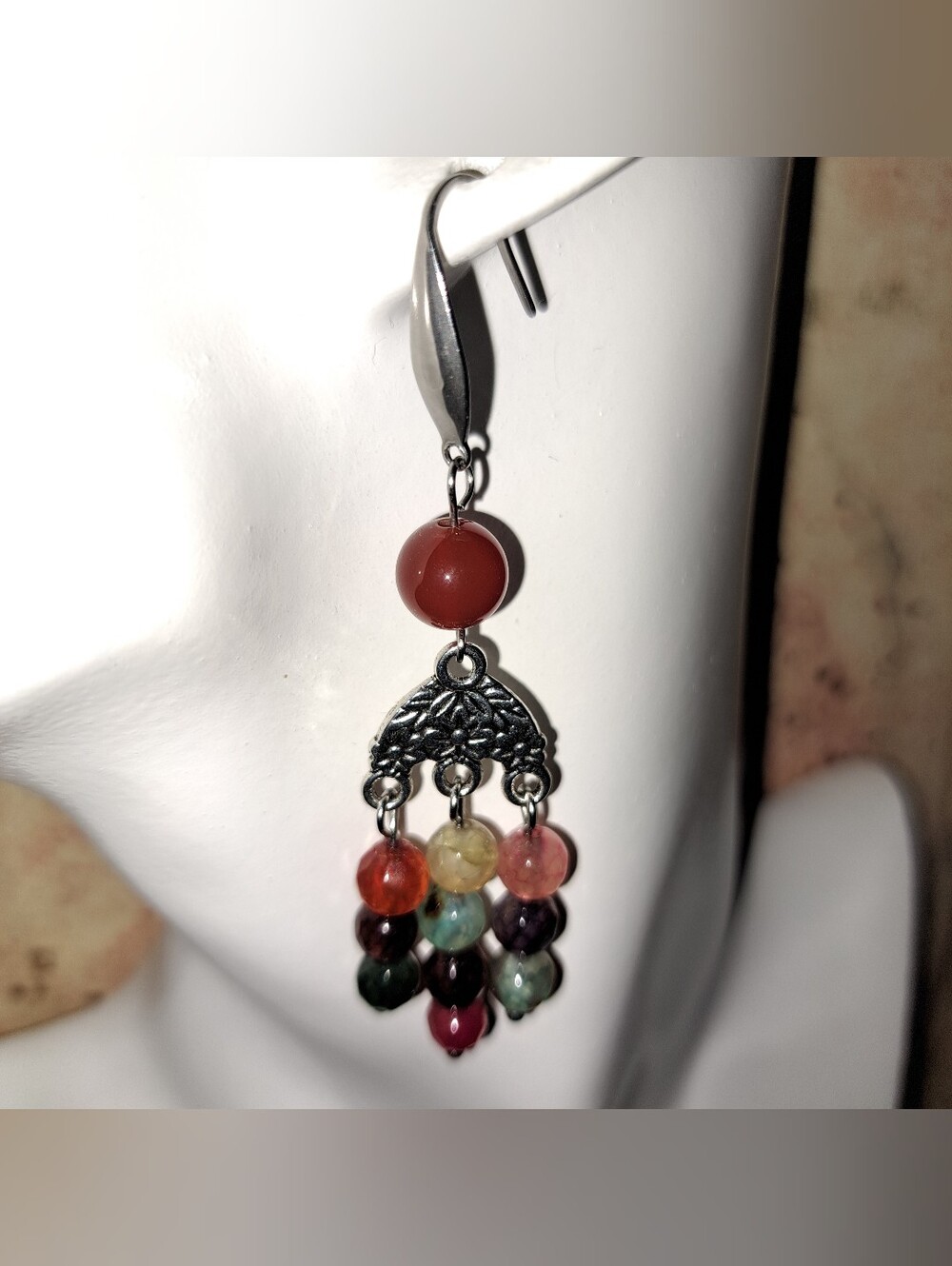 Multicolor Semiprecious Agate Faceted Bead Dangle Earrings, 316 Stainless Steel